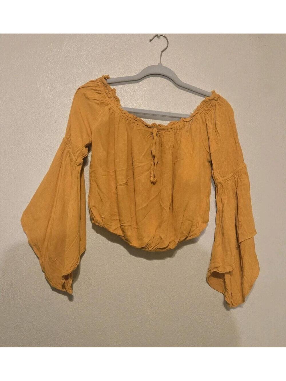 Boho Mustard Yellow Off Shoulder Peasant Crop Top Bell Sleeve Festival Blouse...